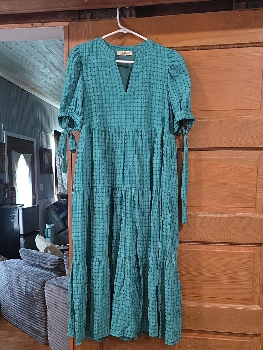 indigo soul Teal Tiered Midi Dress with Tie Sleeves